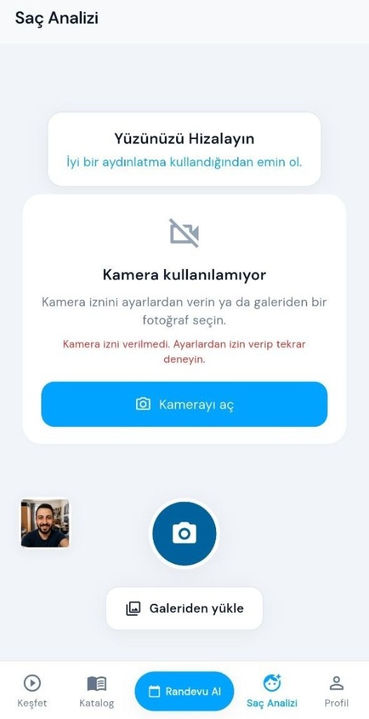Makas saç analizi ekranı: yüzünü çerçeveye hizala, çek ya da galeriden seç