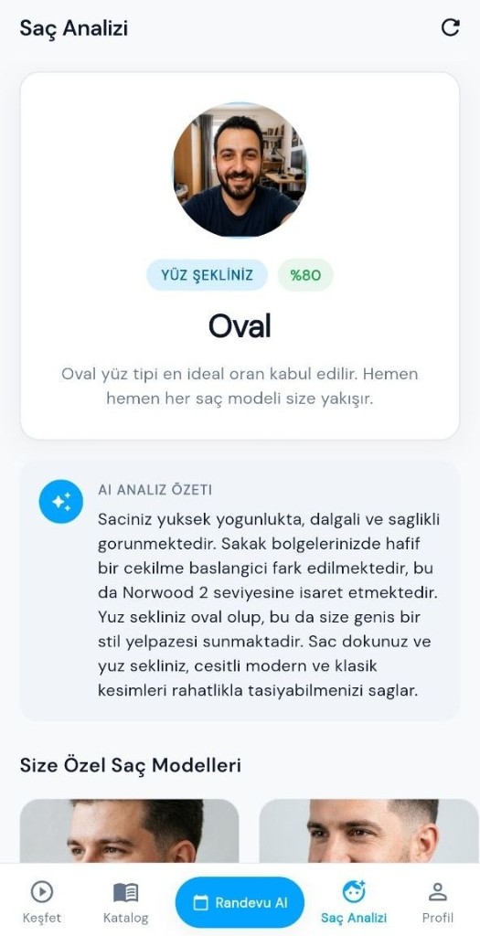 Makas analiz sonucu: oval yüz şekli, AI analiz özeti ve önerilen saç modelleri