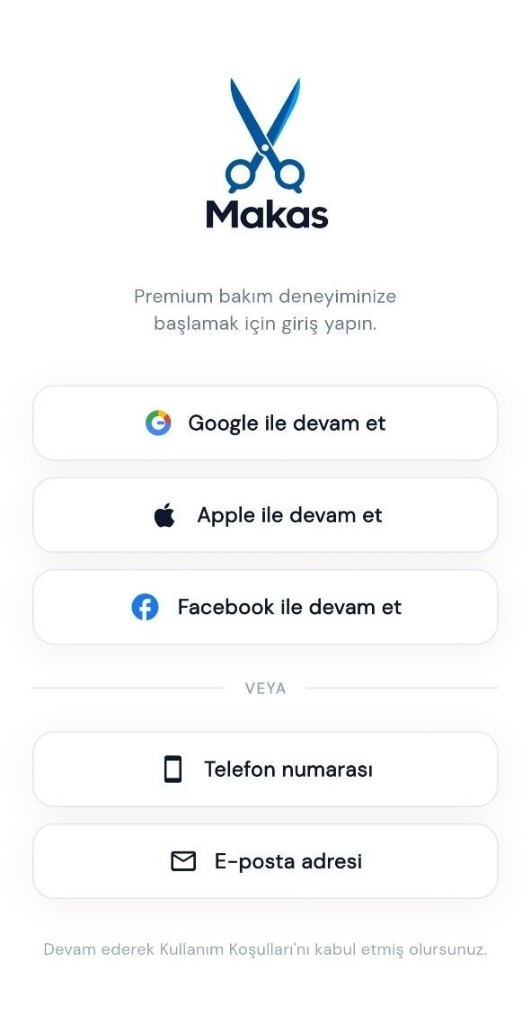 Makas giriş ekranı: Google, Apple, Facebook, telefon ve e-posta ile giriş
