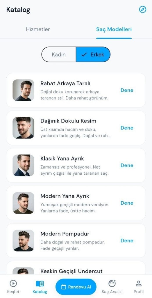 Makas katalog ekranı: kadın ve erkek saç modelleri listesi