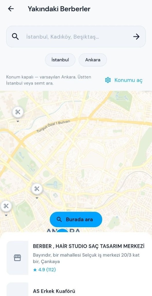Makas yakındaki berberler ekranı: harita üzerinde berber arama
